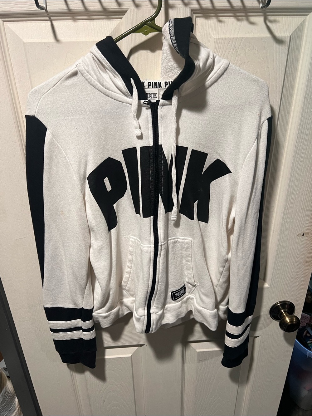 PINK Victoria's Secret White and Black Zip Front Hoodie